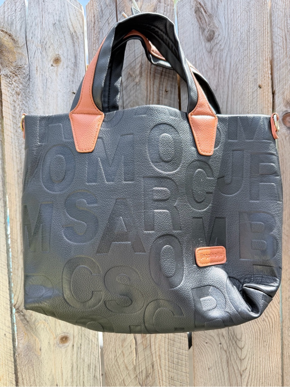 Jingpinpiju Black and Tan Embossed Tote Bag